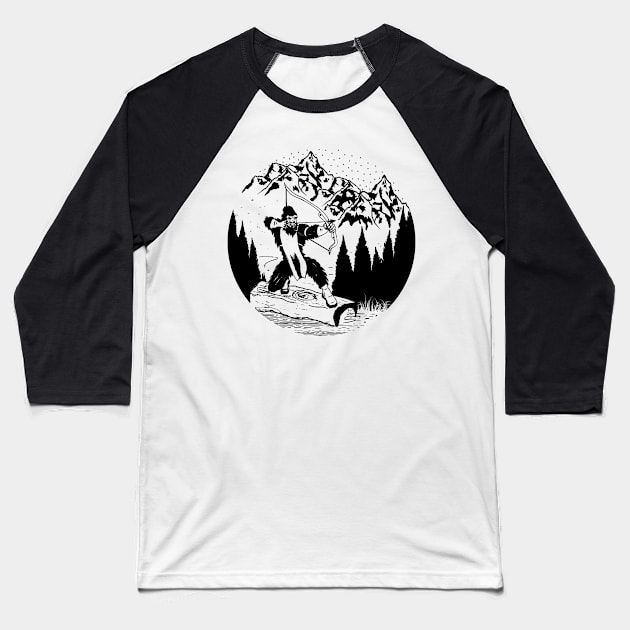 Bigfoot Bow Hunting Silhouette Mountains Gifts Baseball T-Shirt by Tesszero